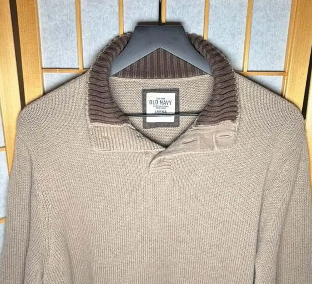 Old Navy Shawl Collar Sweater Size Large Tan Brown 100% Cotton Pullover
